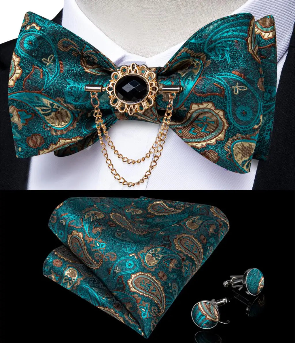 Luxury Gold Black Paisley Self Tie Men's Bow Tie Silk Woven Wedding Party Butterfly Ties Hanky Brooch Pin Set Tuxedo Bow DiBanGu