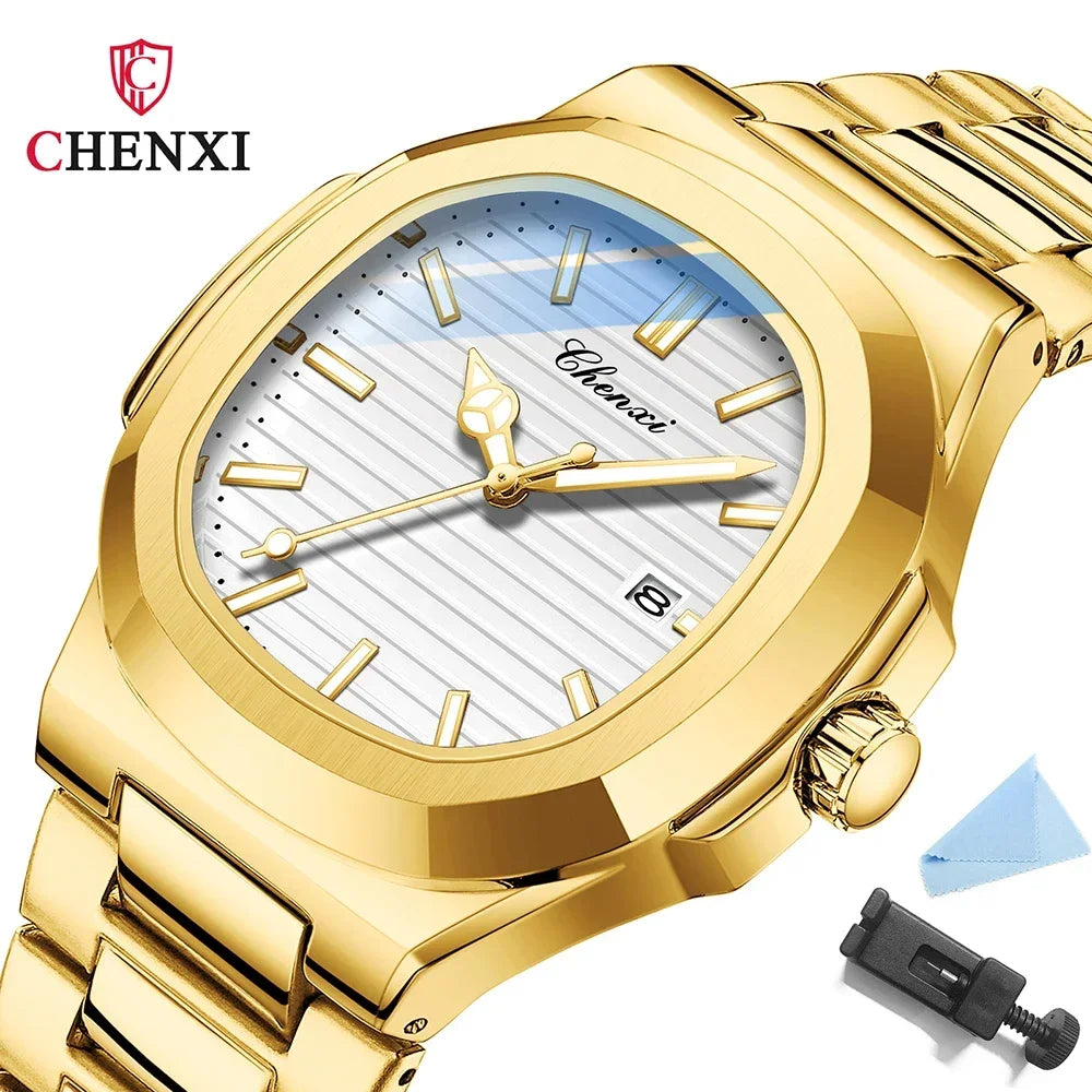 CHENXI 8222 Luxury Gold Stainless Steel Luminous Casual Business Watch For Men Fashion Quartz Wristwatches Waterproof