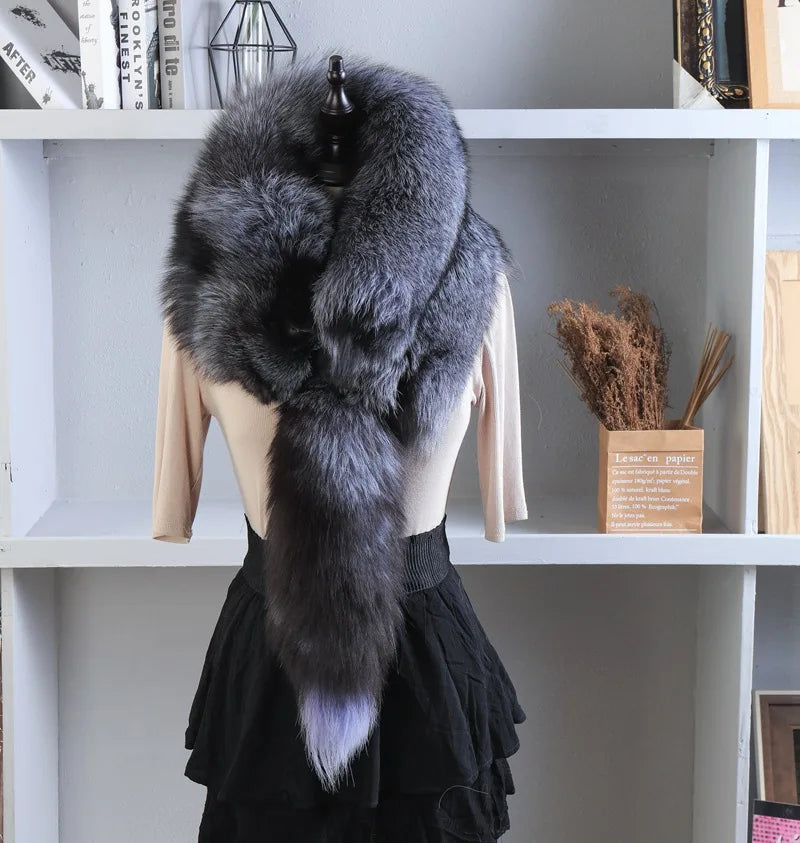 Unisex Real Fur Fox Scarf Men Woman Winter Warm Natural Fur Shawl Soft Headscarf Super big Gray Silver Fox Scarf Fur Accessories