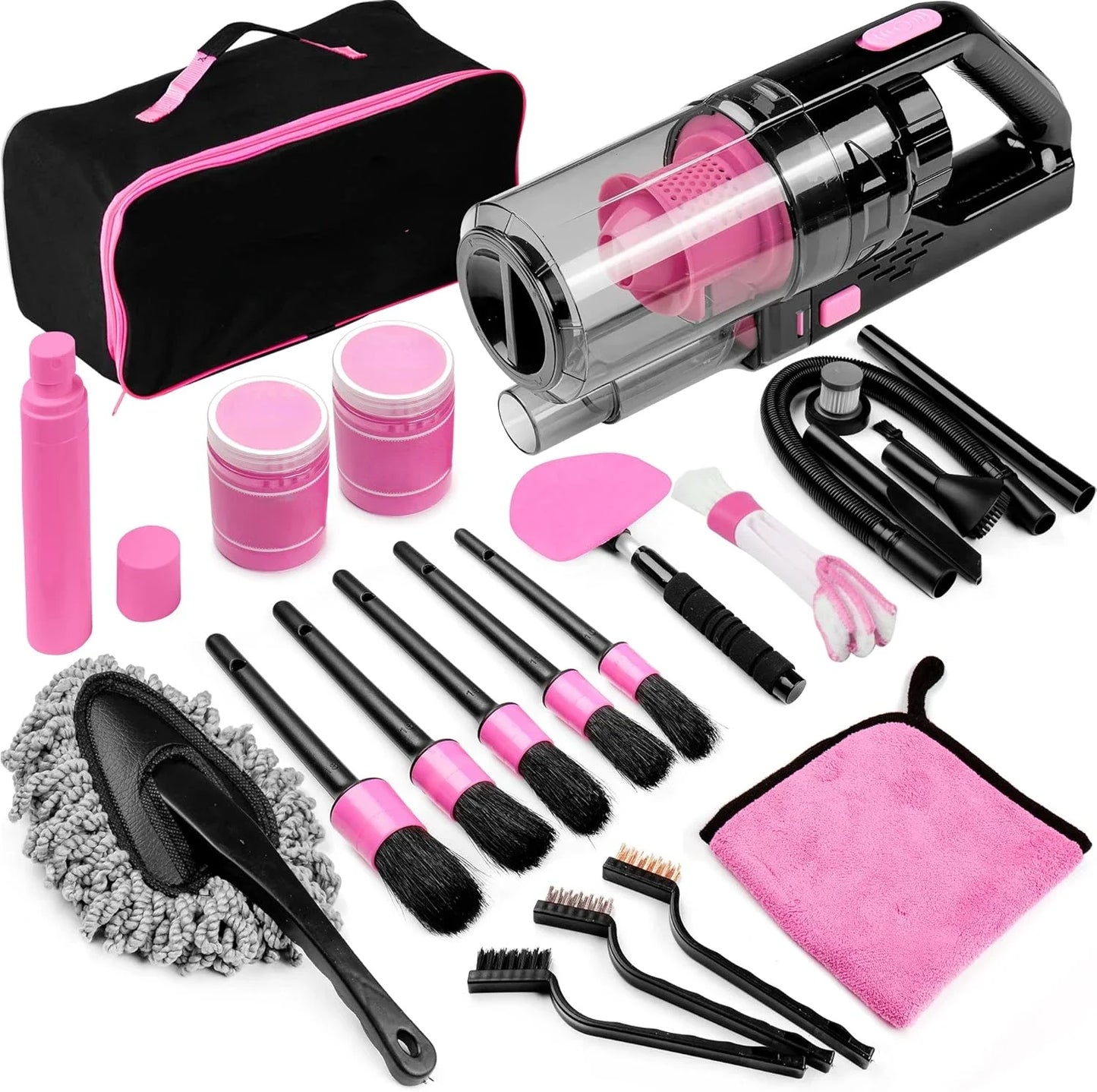 17pcs Car Cleaning Kit, Pink Car Interior Detailing Kit with High Power Handheld Vacuum, Detailing Brush Set, Windshield Cleaner