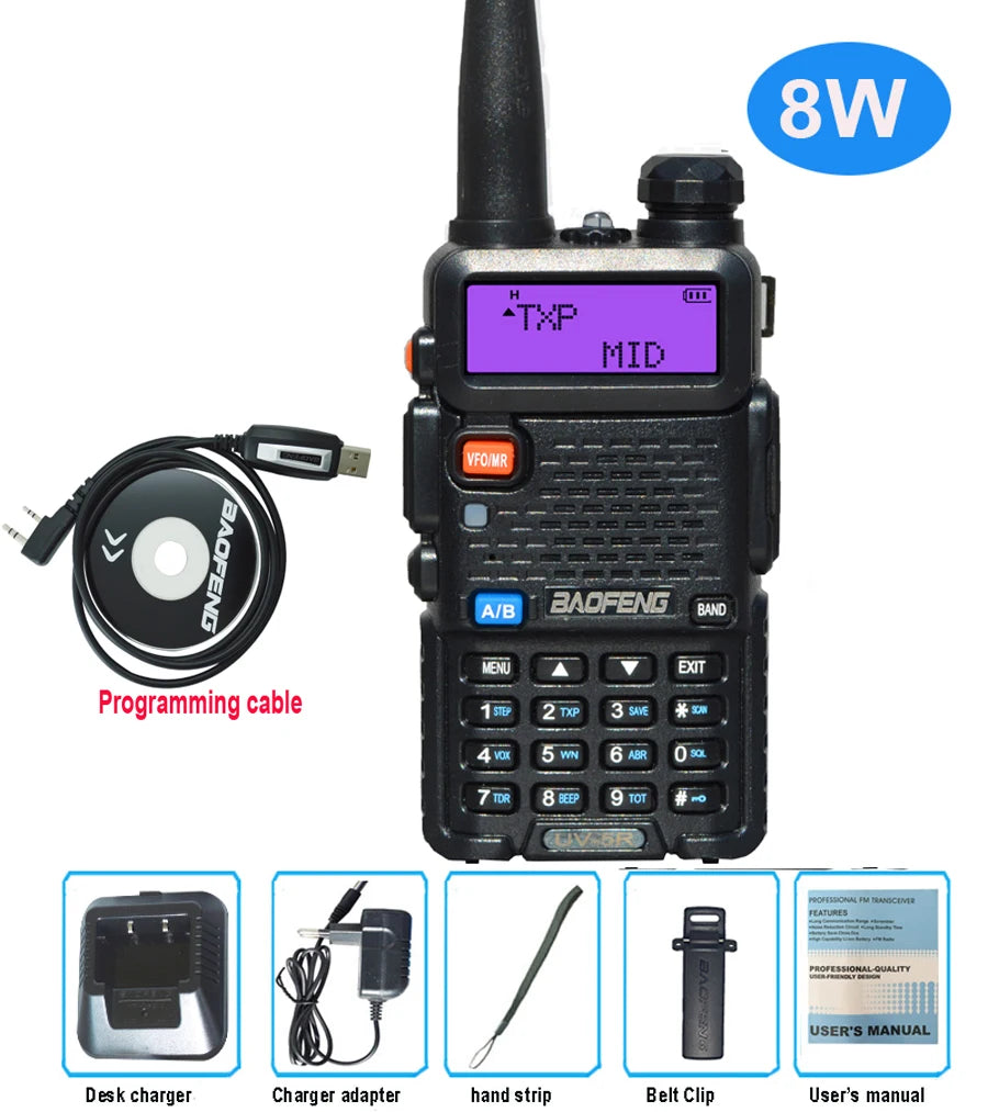 Baofeng UV 5R Walkie Talkie True 8W Portable Ham CB Radio Dual Band VHF UHF FM Transceiver Two Way Hunting Radios UV82 UV9R Plus