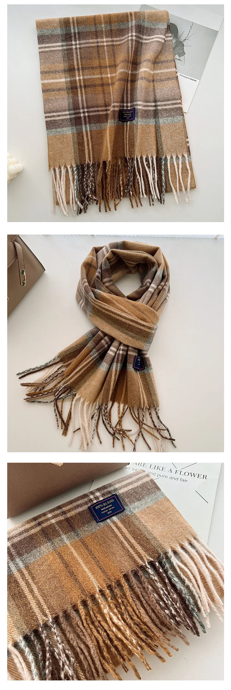 Chic Design Soft Warm Women Scarf Autumn Winter Classic British Imitation Cashmere Muffler Men Plaid Thermal Tassel Shawl Couple