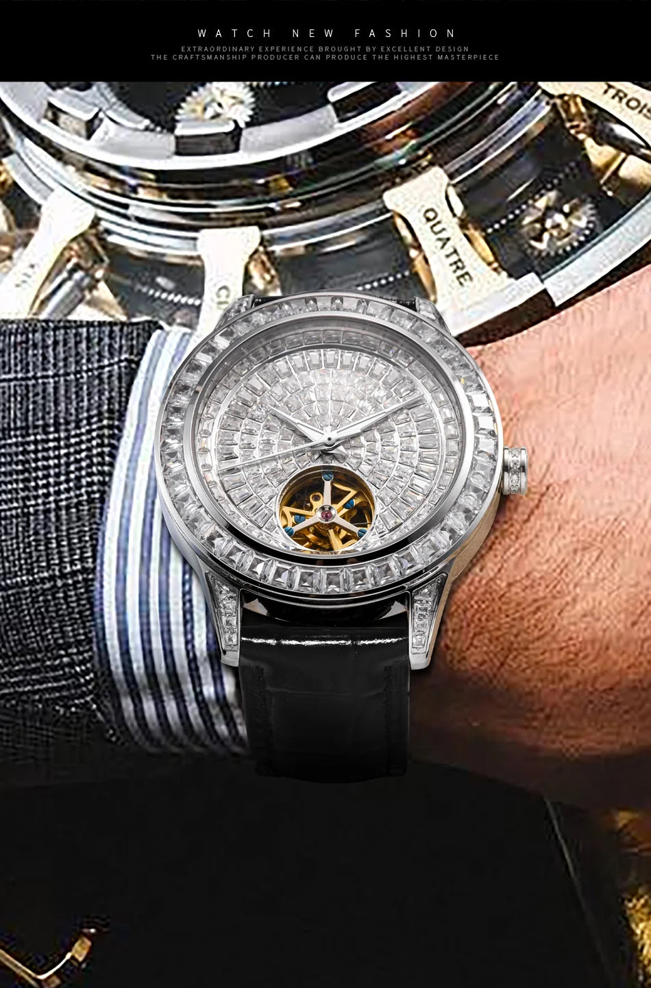 2024 New Haemmer jacob Diamond Face Tourbillon Mechanical Men's Watch Men's Genuine Leather Luminous Waterproof Mechanical Watch