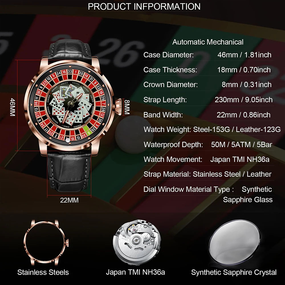 Richard New Mechanical Watch NH36 Sapphire Glass Rotating Dial Las Vegas Roulette Desktop Theme Automatic Watch Men Texas Holdem