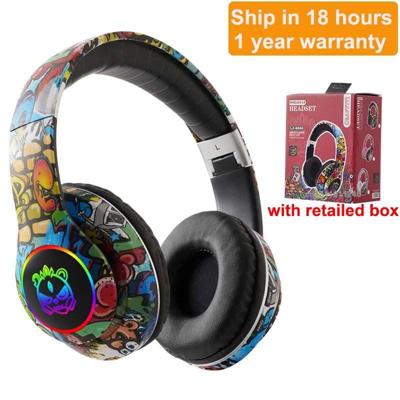 Wireless Headset Flash Light Kids Ear Headphones with Mic Bluetooth Headsets Stereo Music Game Headphone Girls Boys Gift