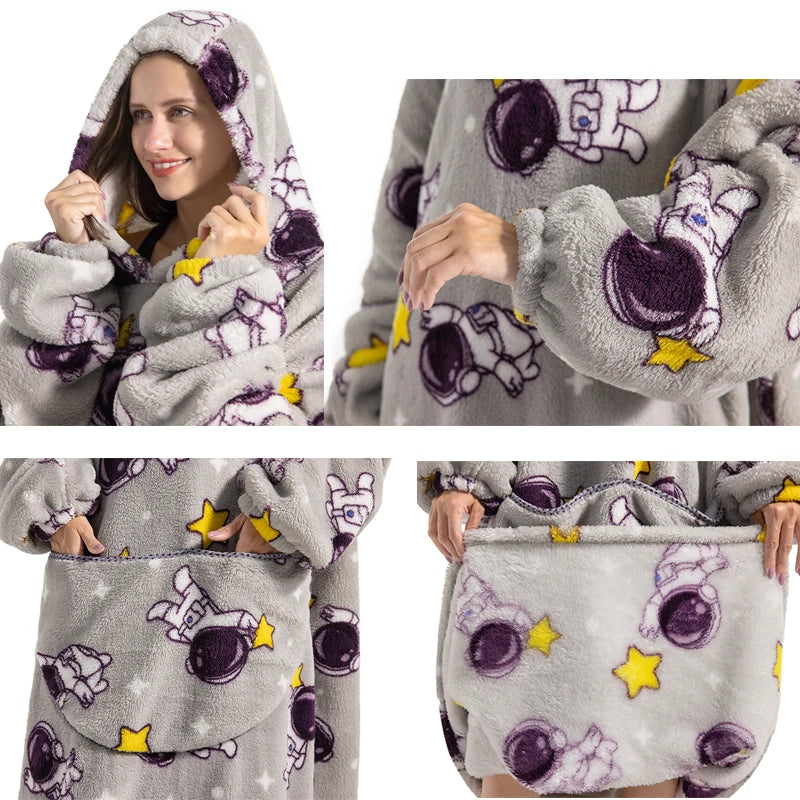 Thick Flannel Blanket Hoodies for Women Adult Panda Wolf Cat Pullover Winter Sherpa TV Blanket Homewear Oversized Sweatshirts