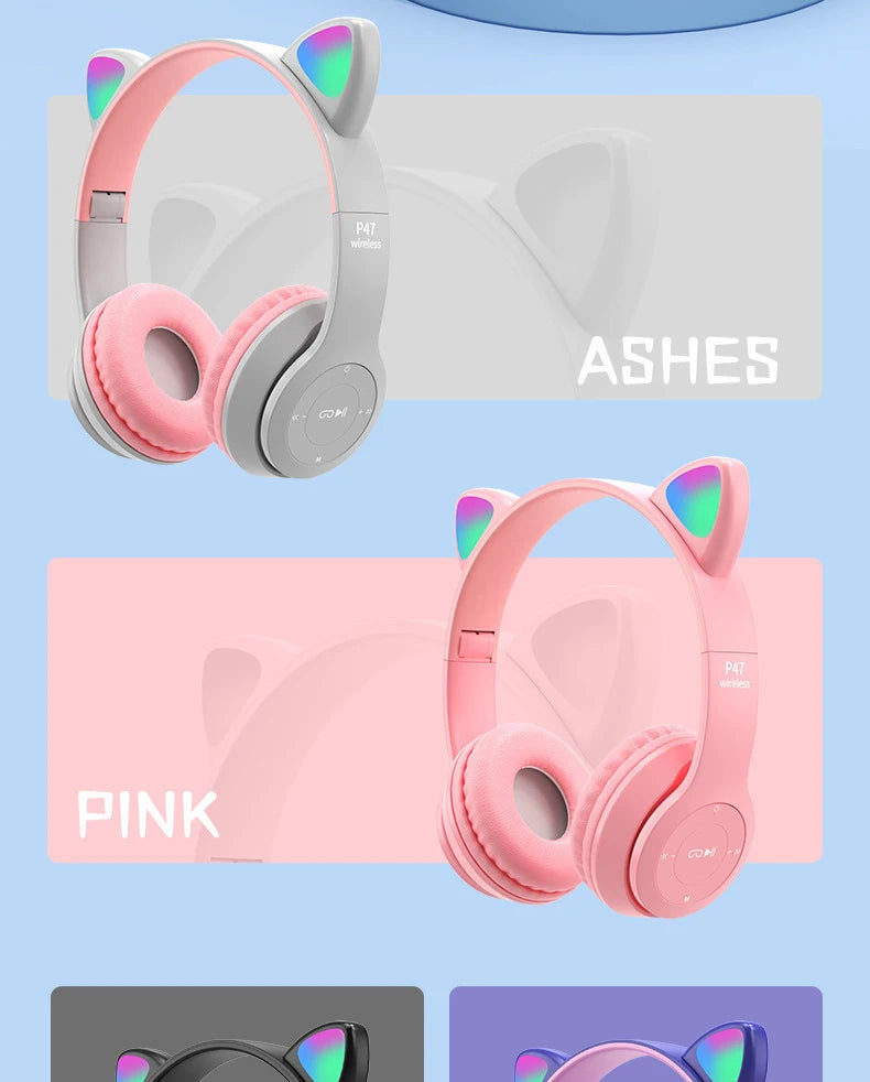 Wireless Headset Flash Light Kids Ear Headphones with Mic Bluetooth Headsets Stereo Music Game Headphone Girls Boys Gift