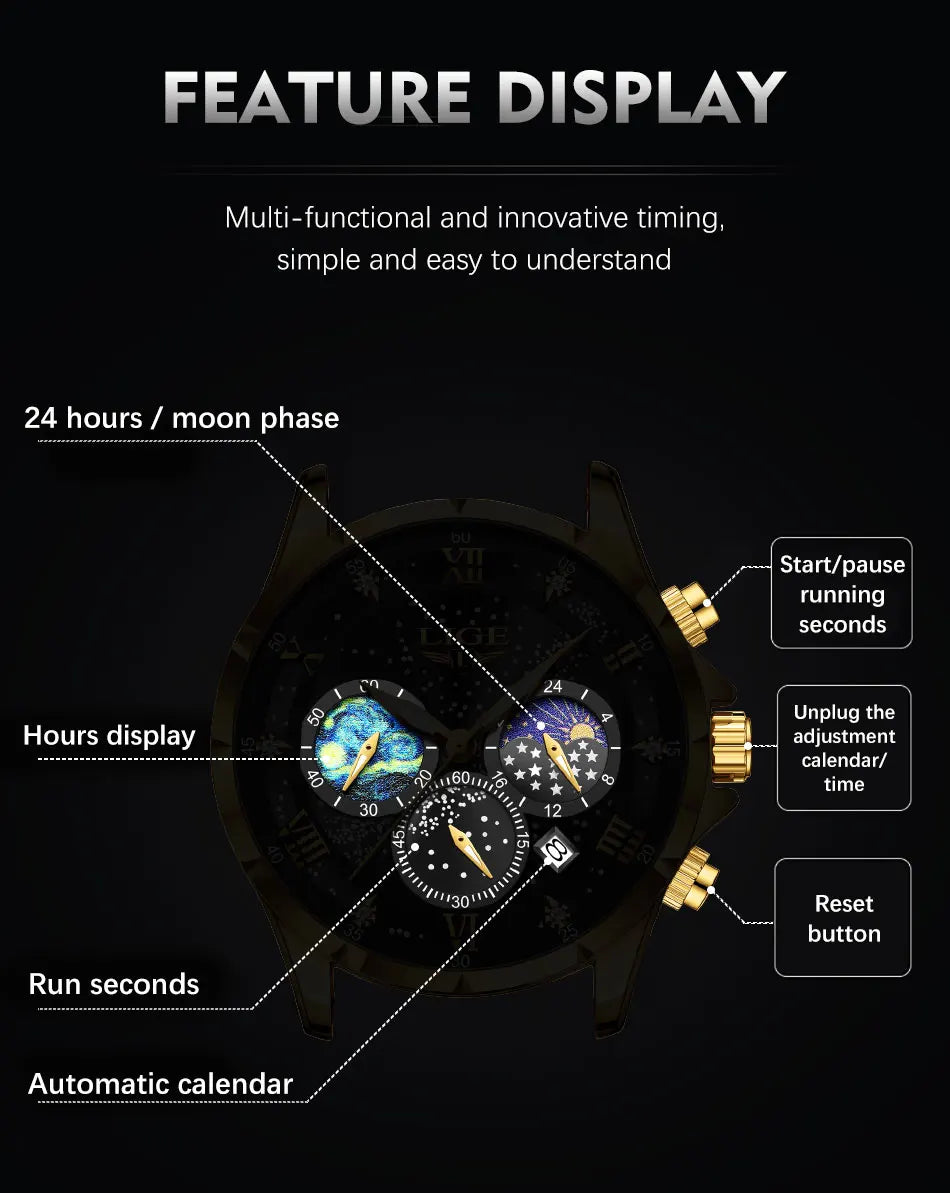 LIGE Mens Watch Luxury Waterproof Male Clock Moon Phase Date Casual Blue Leather Quartz Wrist Watch Men Chronograph Montre Homme