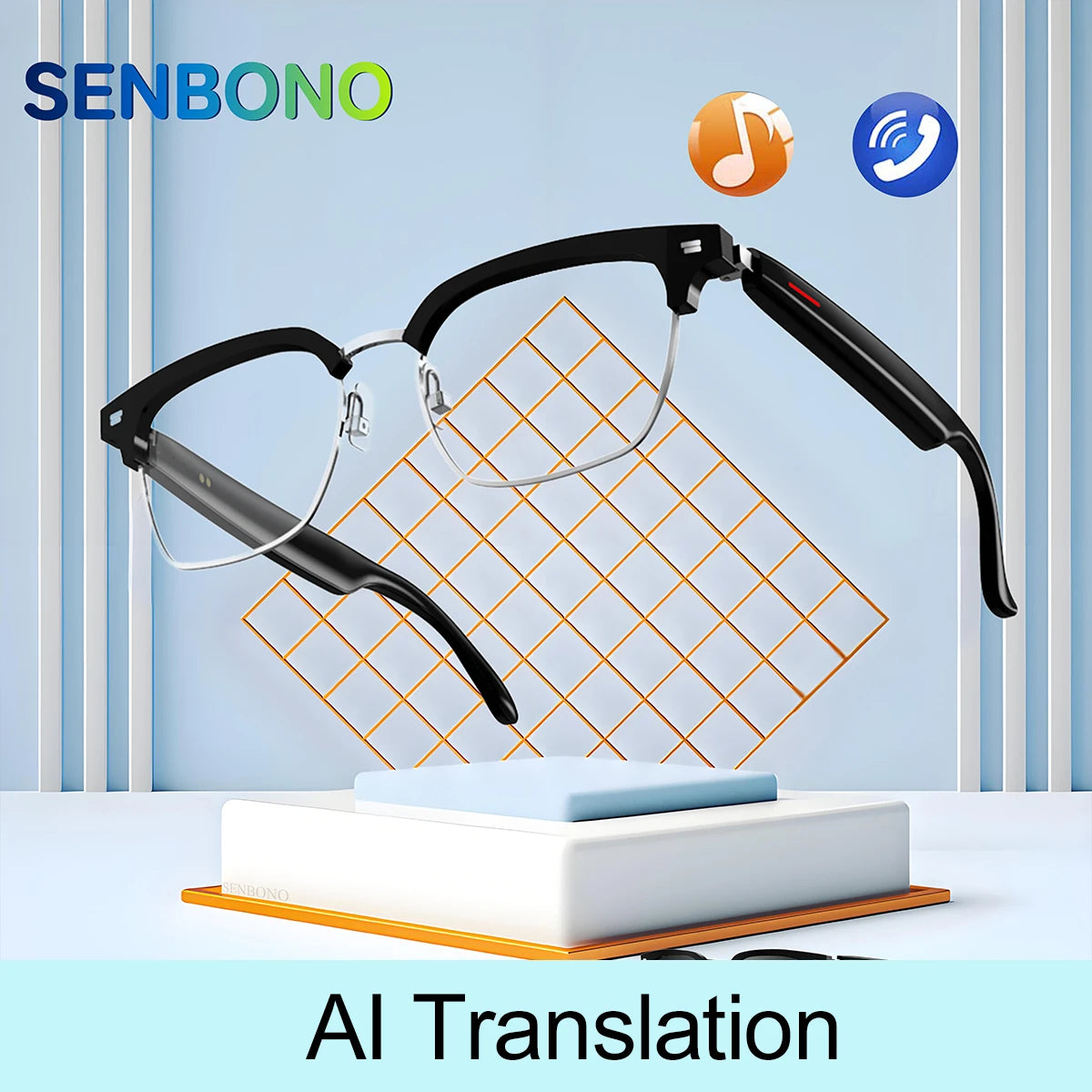 SENBONO Smart Glasses AI Translation Glasses 100+ Languages Real-time Translation Bluetooth Music Built-in Mic & Speakers