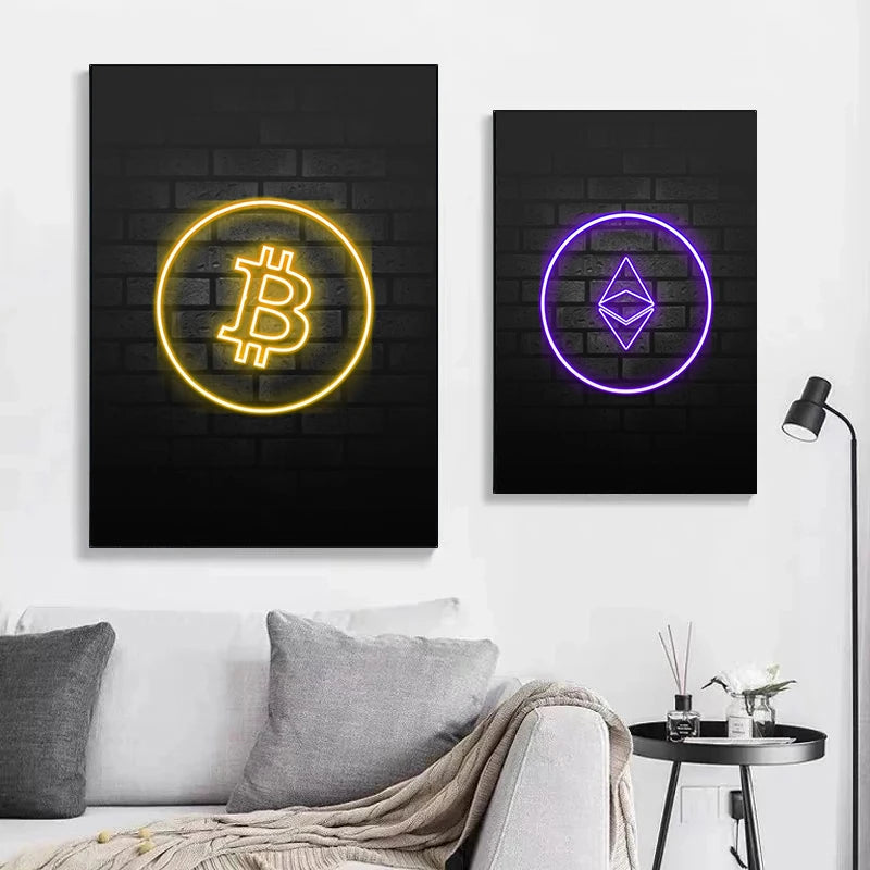 Bitcoin and Ethereum ETH BTC Neon Crypto Market Office Wall Art Pop Posters Prints Canvas Painting Room Home Decor