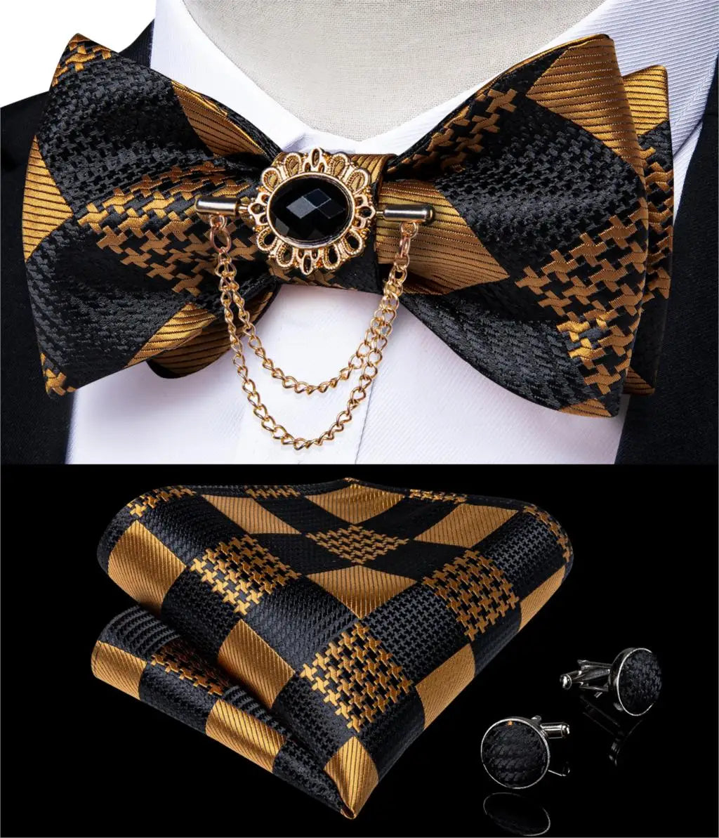 Luxury Gold Black Paisley Self Tie Men's Bow Tie Silk Woven Wedding Party Butterfly Ties Hanky Brooch Pin Set Tuxedo Bow DiBanGu