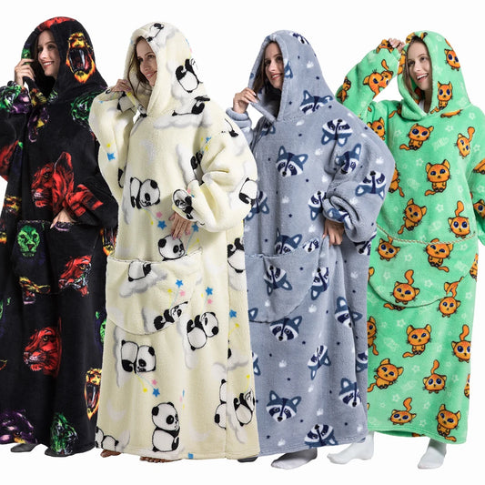 Thick Flannel Blanket Hoodies for Women Adult Panda Wolf Cat Pullover Winter Sherpa TV Blanket Homewear Oversized Sweatshirts