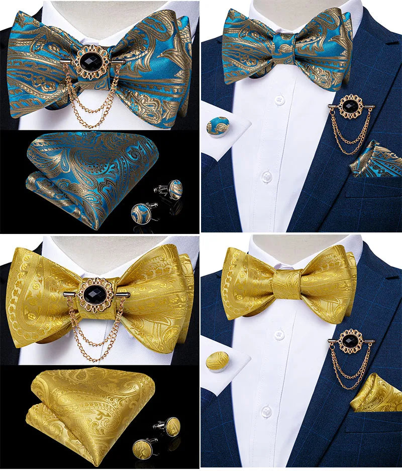 Luxury Gold Black Paisley Self Tie Men's Bow Tie Silk Woven Wedding Party Butterfly Ties Hanky Brooch Pin Set Tuxedo Bow DiBanGu