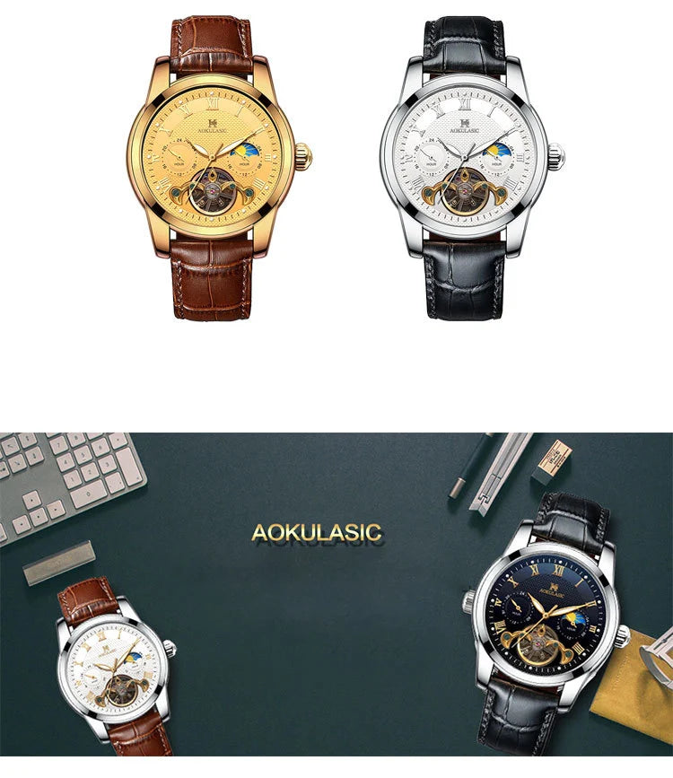 AOKULASIC luxury Mens Mechanical Watch Fashion Sports Waterproof Automatic Watches Man Moon Phase Tourbillon Luminous Wristwatch