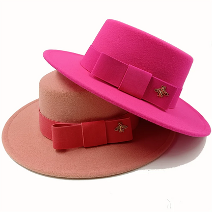 Bow Tie Fedora Hat Winter Round Bumpy Surface Flat Top Bow Tie Elastic Band Men's and Women's Red Jazz Hat Fedora