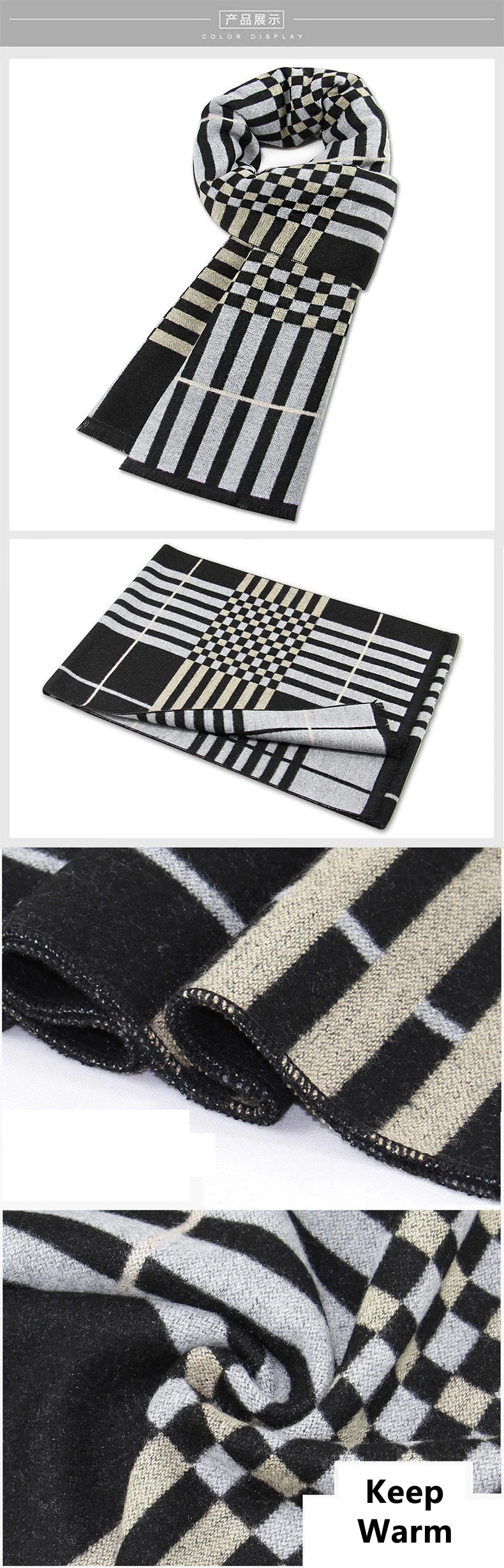 Classic Plaid Men Scarfs Winter Warm Cashmere Soft Scarf For Men Casual Business Neckerchief Black Gray Silk Scarves 30*180cm