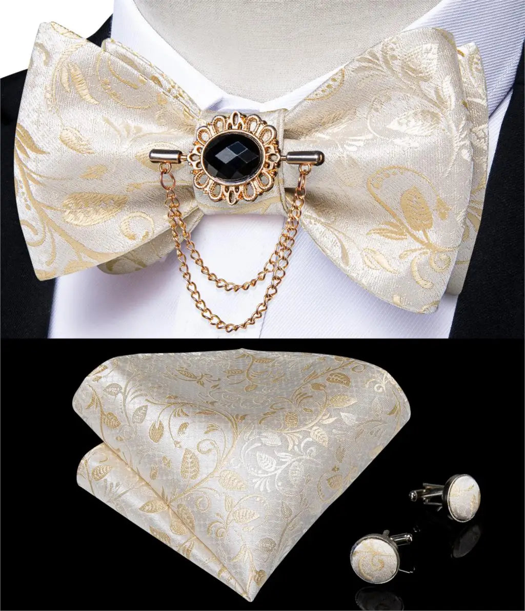 Luxury Gold Black Paisley Self Tie Men's Bow Tie Silk Woven Wedding Party Butterfly Ties Hanky Brooch Pin Set Tuxedo Bow DiBanGu