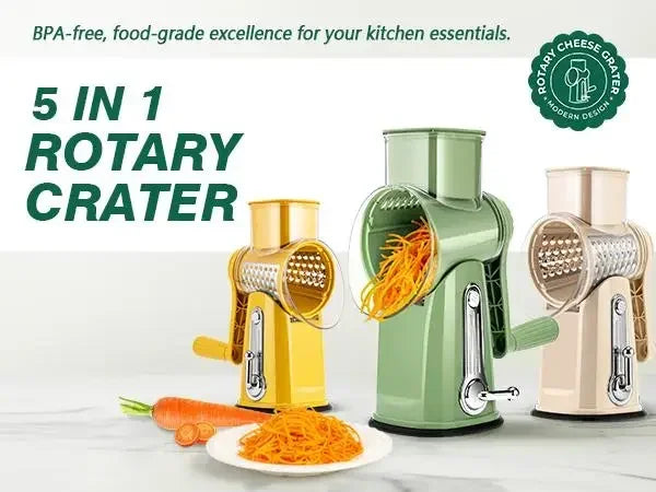 SUSTEAS Rotary Cheese Grater with Handle, Food Shredder with 5 Well-designed Blades & Strong Suction Base,Round Mandoline Slicer