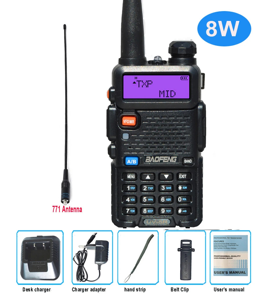 Baofeng UV 5R Walkie Talkie True 8W Portable Ham CB Radio Dual Band VHF UHF FM Transceiver Two Way Hunting Radios UV82 UV9R Plus