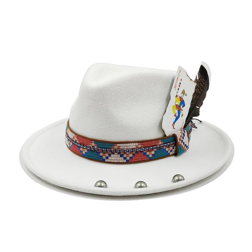 Feather Fedoras Hat for Men Women Black Felt Wide Brim Jazz Cap Gentleman Caps Plum Blossom 8 Playing Card Design Fedora Hat