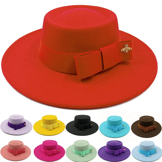 Bow Tie Fedora Hat Winter Round Bumpy Surface Flat Top Bow Tie Elastic Band Men's and Women's Red Jazz Hat Fedora