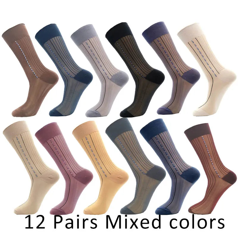 12 Pairs Large Size Summer Socks Mens Nylon Thin Breathable Middle-Eged Elderly Silk Socks Business Work Party Dress Long Socks