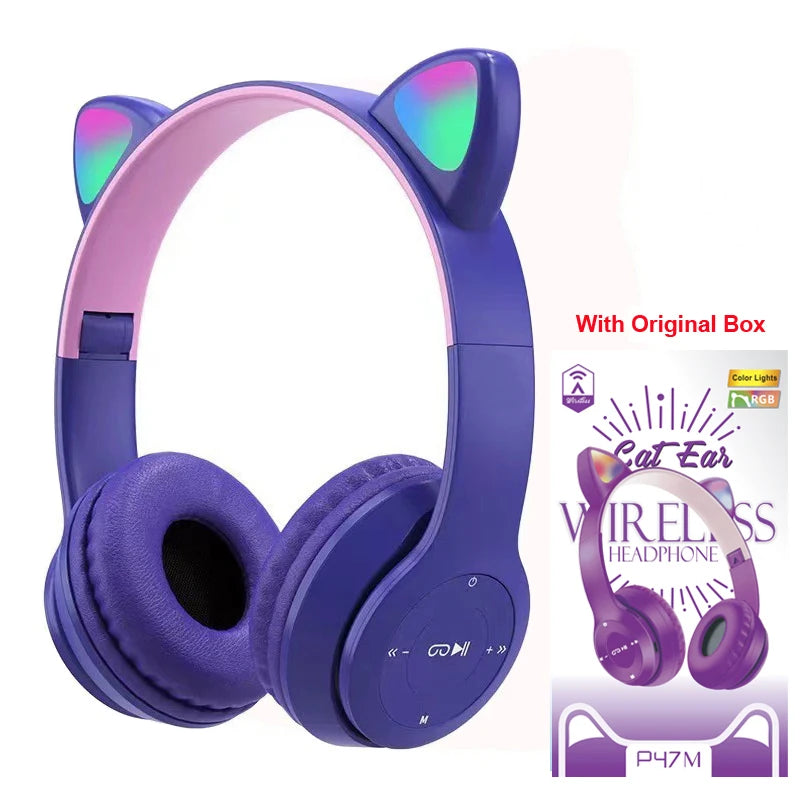 Wireless Headset Flash Light Kids Ear Headphones with Mic Bluetooth Headsets Stereo Music Game Headphone Girls Boys Gift