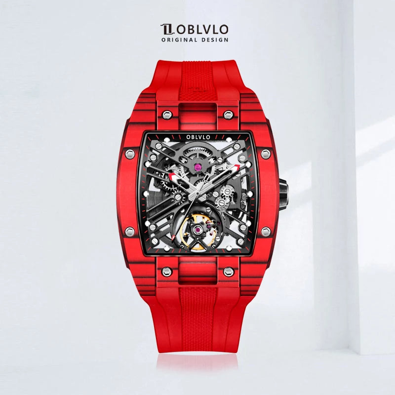 OBLVLO Top Brand Men Automatic Mechanical Watch Skeleton Luminous Wine Barrel Carbon Fiber Case Rubber Strap Waterproof EM