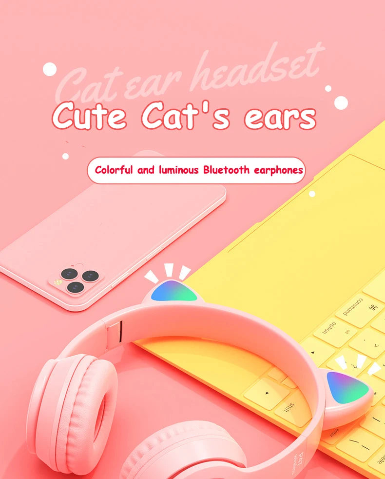 Wireless Headset Flash Light Kids Ear Headphones with Mic Bluetooth Headsets Stereo Music Game Headphone Girls Boys Gift