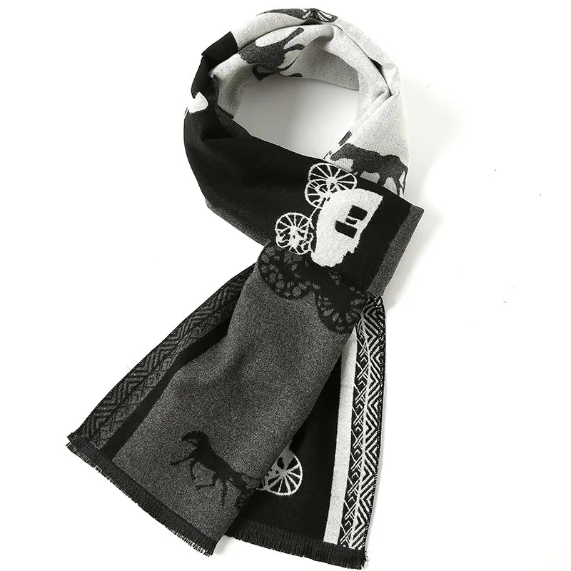 Men's Autumn Winter Horse Pattern Scarf Luxury Gentleman Cashmere Feel Muffler Student Spring Fall Wrap Soft Warm Neckerchief