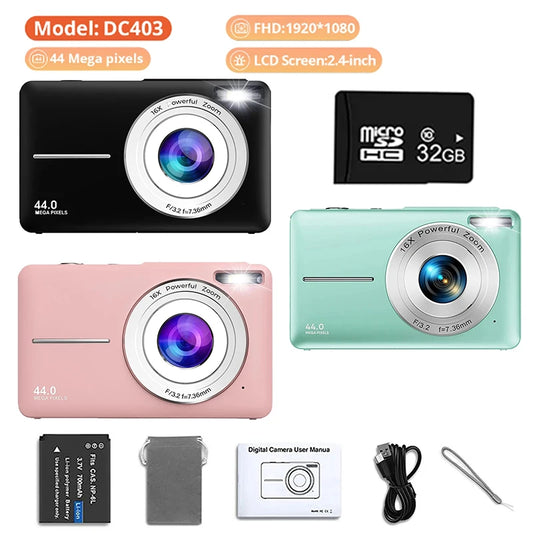 HD 1080P 2.4 Inch Digital Camera Rechargeable Cameras with 16x Zoom Compact Camera 44MP Cameras for Kids Beginner Camera