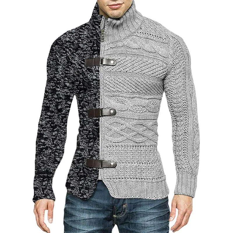 Autumn Winter Mens Sweatercoat Patchwork Turtleneck Cardigan Man Casual Knitted Slim Fit Long Sleeve Fashion Sweater Outerwear