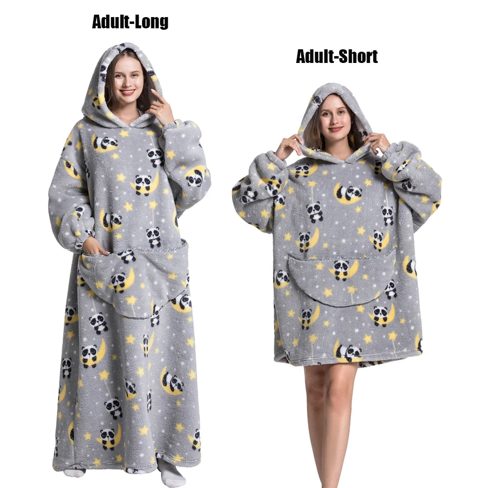 Thick Flannel Blanket Hoodies for Women Adult Panda Wolf Cat Pullover Winter Sherpa TV Blanket Homewear Oversized Sweatshirts