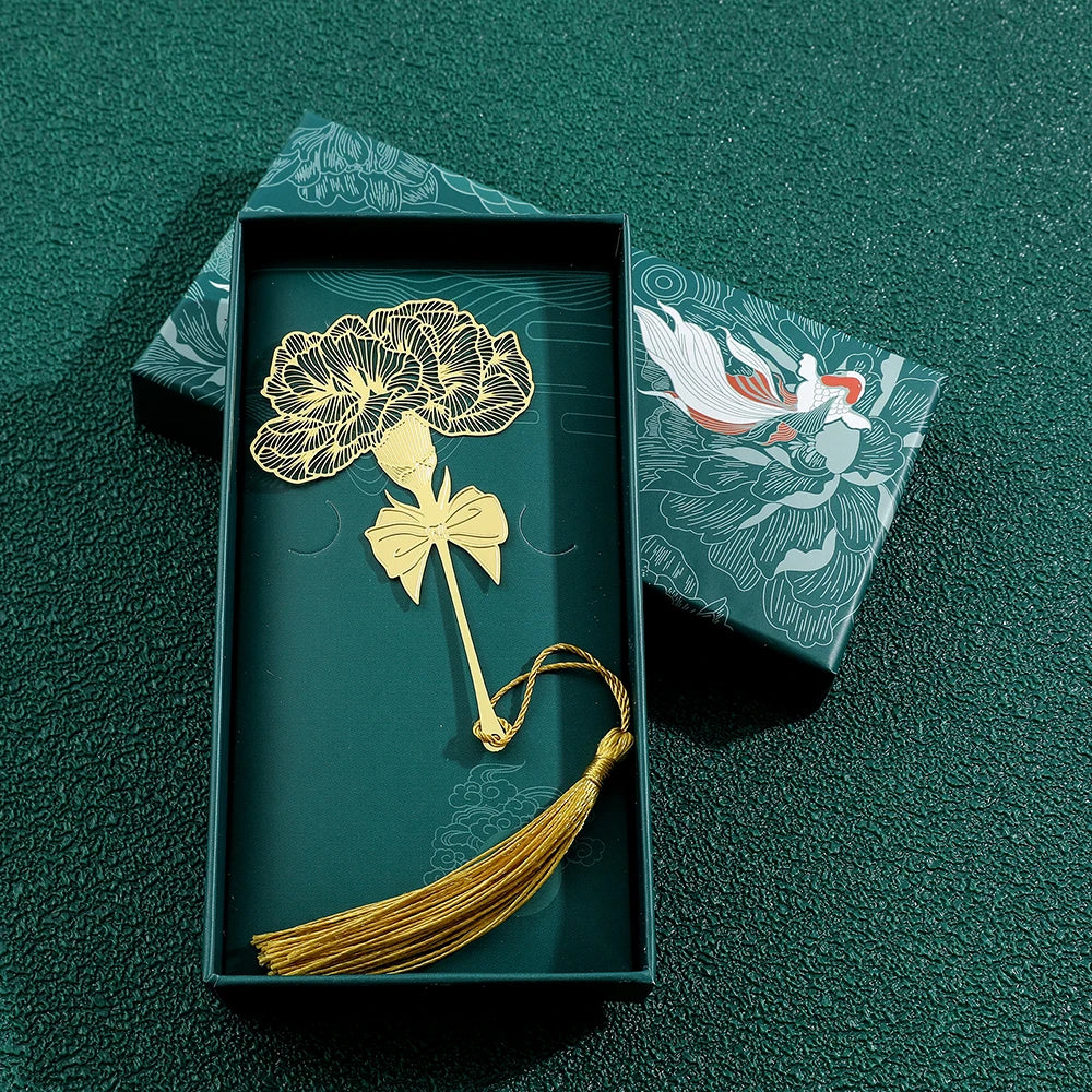 Chinese Style Handmade Book Mark Golden Rose Lotus Flower Bookmarks Reading Marker for Book Lover Gifts for Friend Collection