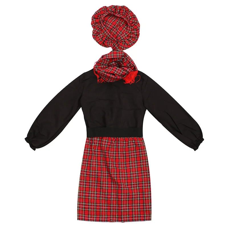 Scotch girl Scotland Costume Head Dress Headwear Scarf Baby Girls Children Halloween Scottish Kilt Cosplay dress