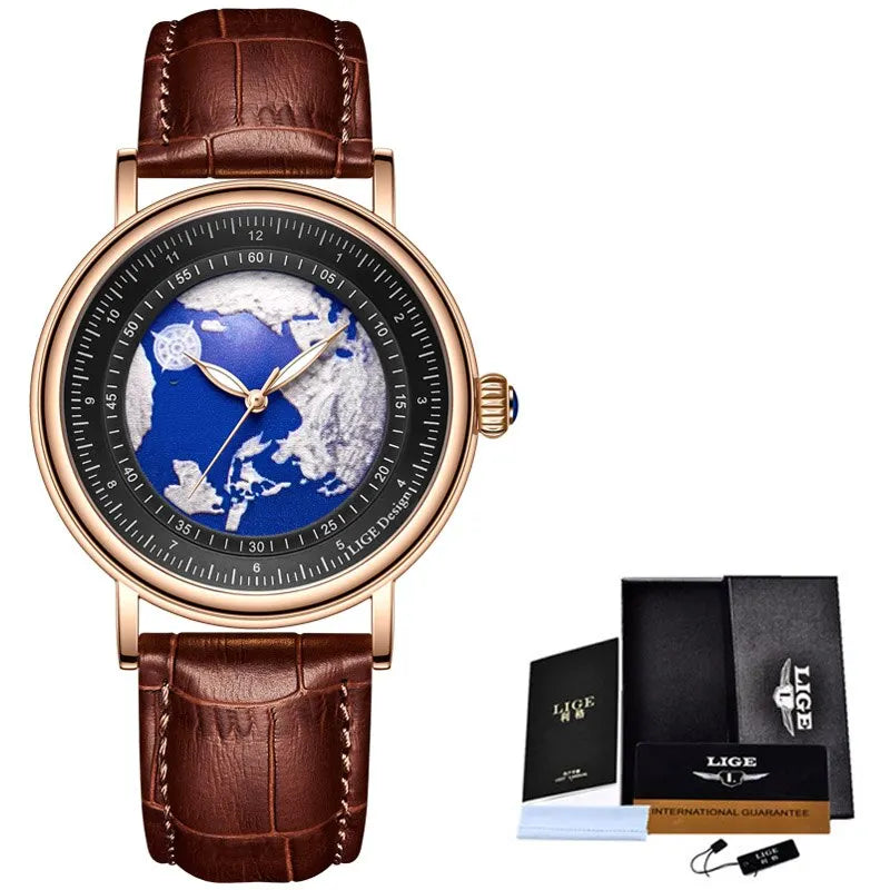 LIGE Mens Watches Fashion Blue Planet Creative Earth Quartz Wristwatch Leather Waterproof Watch For Men Clock Relogio Masculino