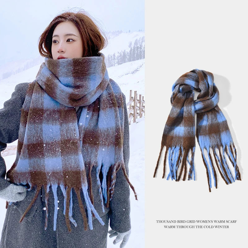 Plaid Scarf Checkerboard Soft Scarfs Women's Winter Warm Dual Use Long Shawl Vintage Thickened Scarves