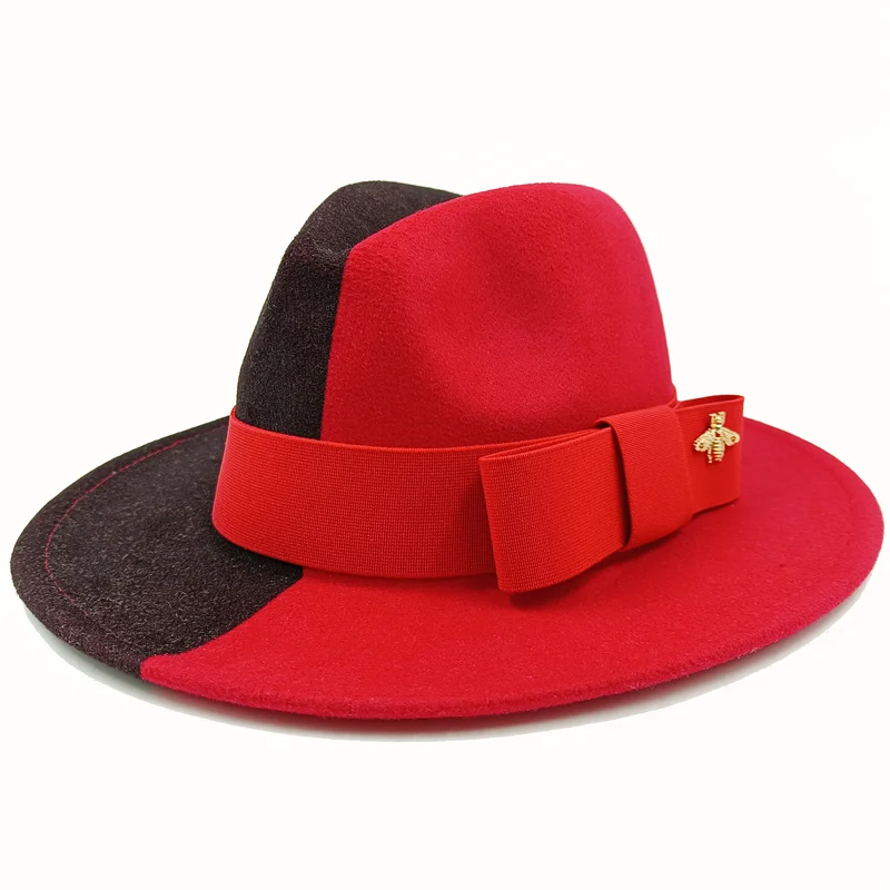 Bow Tie Fedora Hat Winter Round Bumpy Surface Flat Top Bow Tie Elastic Band Men's and Women's Red Jazz Hat Fedora