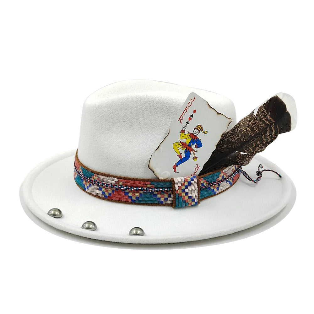 Feather Fedoras Hat for Men Women Black Felt Wide Brim Jazz Cap Gentleman Caps Plum Blossom 8 Playing Card Design Fedora Hat