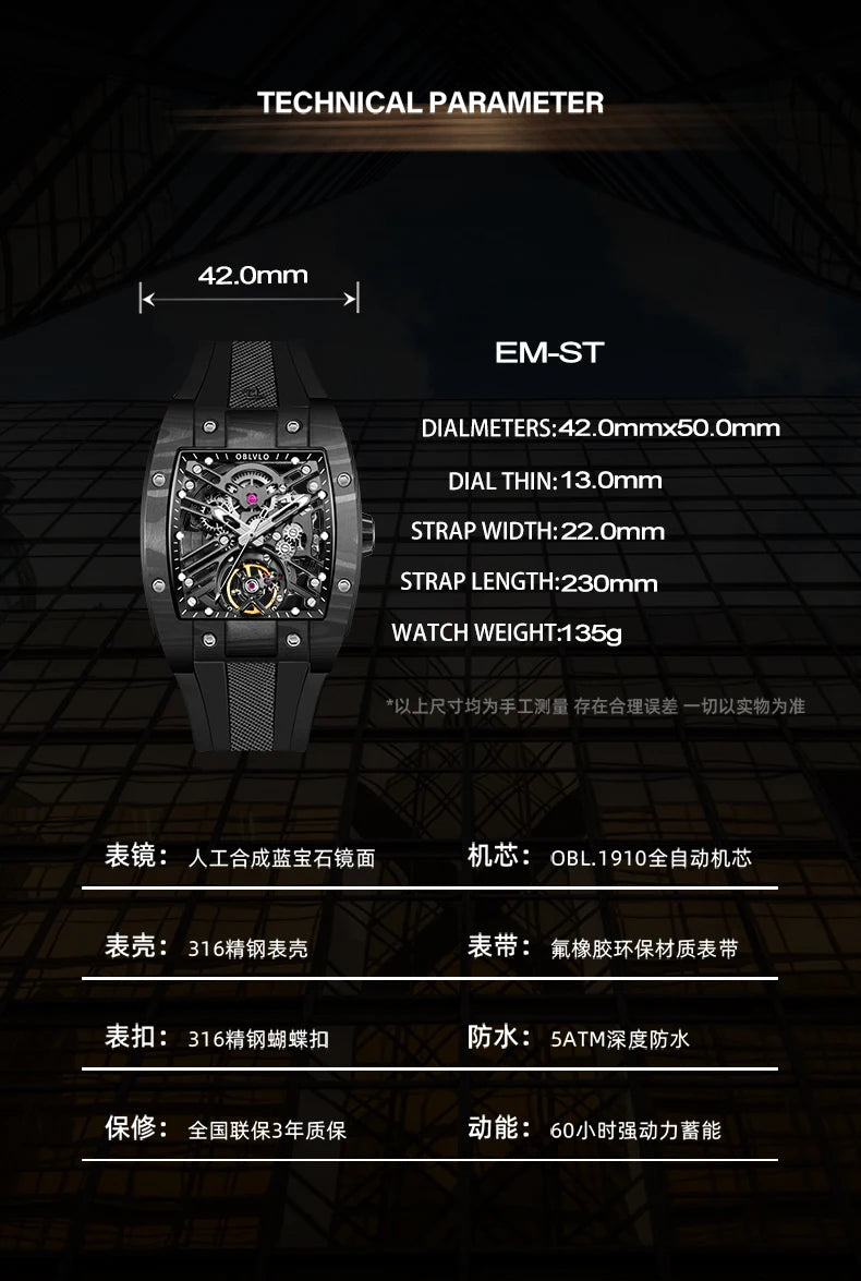 OBLVLO Top Brand Men Automatic Mechanical Watch Skeleton Luminous Wine Barrel Carbon Fiber Case Rubber Strap Waterproof EM