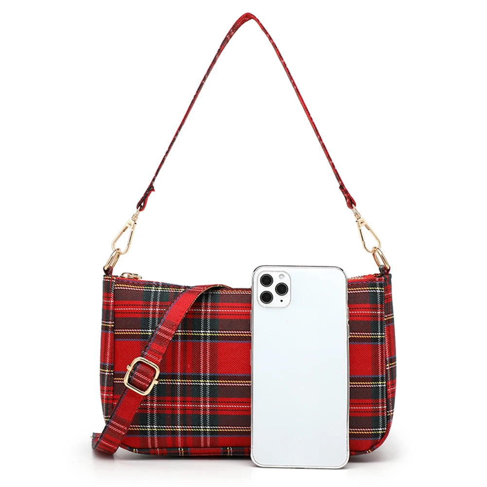 Women Fashion Shoulder Bag Punk Tartan Check Stylish Commuting Bag Simple Plaid Satchel Bag with 2 Straps Tote Handbag