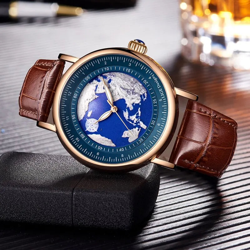 LIGE Mens Watches Fashion Blue Planet Creative Earth Quartz Wristwatch Leather Waterproof Watch For Men Clock Relogio Masculino