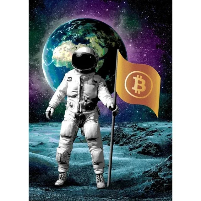 Crypto Astronaut Surfing Bitcoin Stock Market Poster Print  Funny Space Meme Wall Art Canvas Painting for Home Living Room Decor