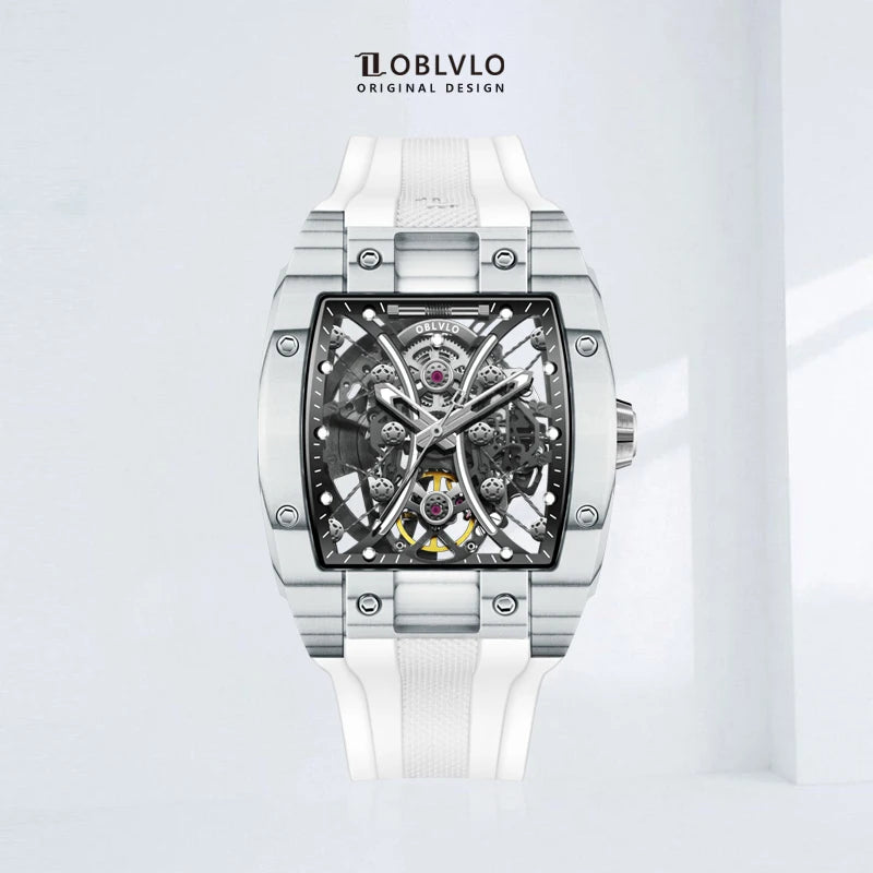 OBLVLO Top Brand Men Automatic Mechanical Watch Skeleton Luminous Wine Barrel Carbon Fiber Case Rubber Strap Waterproof EM