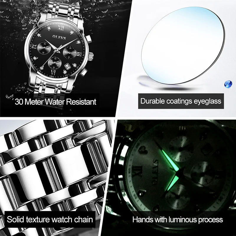 OLEVS Watches for Men Top Brand Luxury Chronograph Luminous Quartz Watch Fashion Business Waterproof Stainless Steel Wristwatch