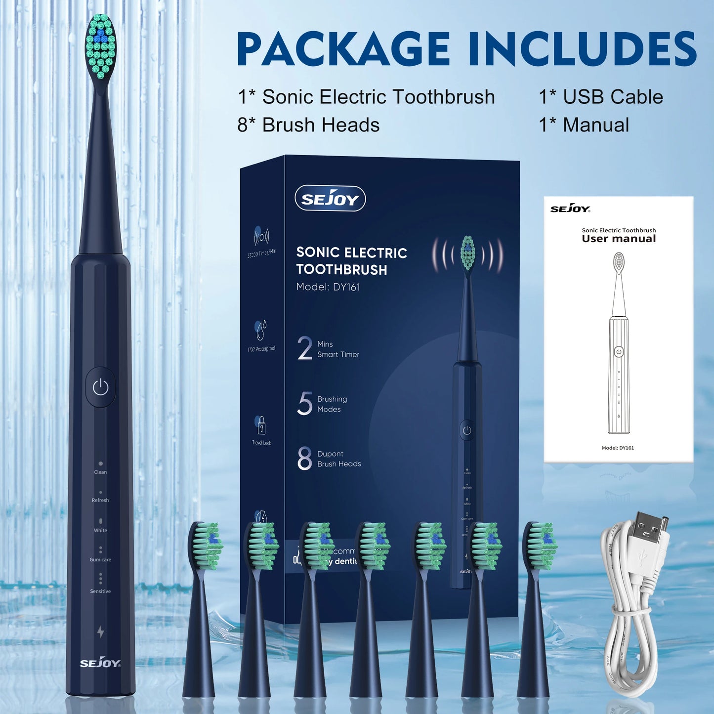 SEJOY Oral Cleaning Personal Sonic Electric Toothbrush Care Appliances IPX7 5 Modes Smart Rechargeable Automatic Toothbrush