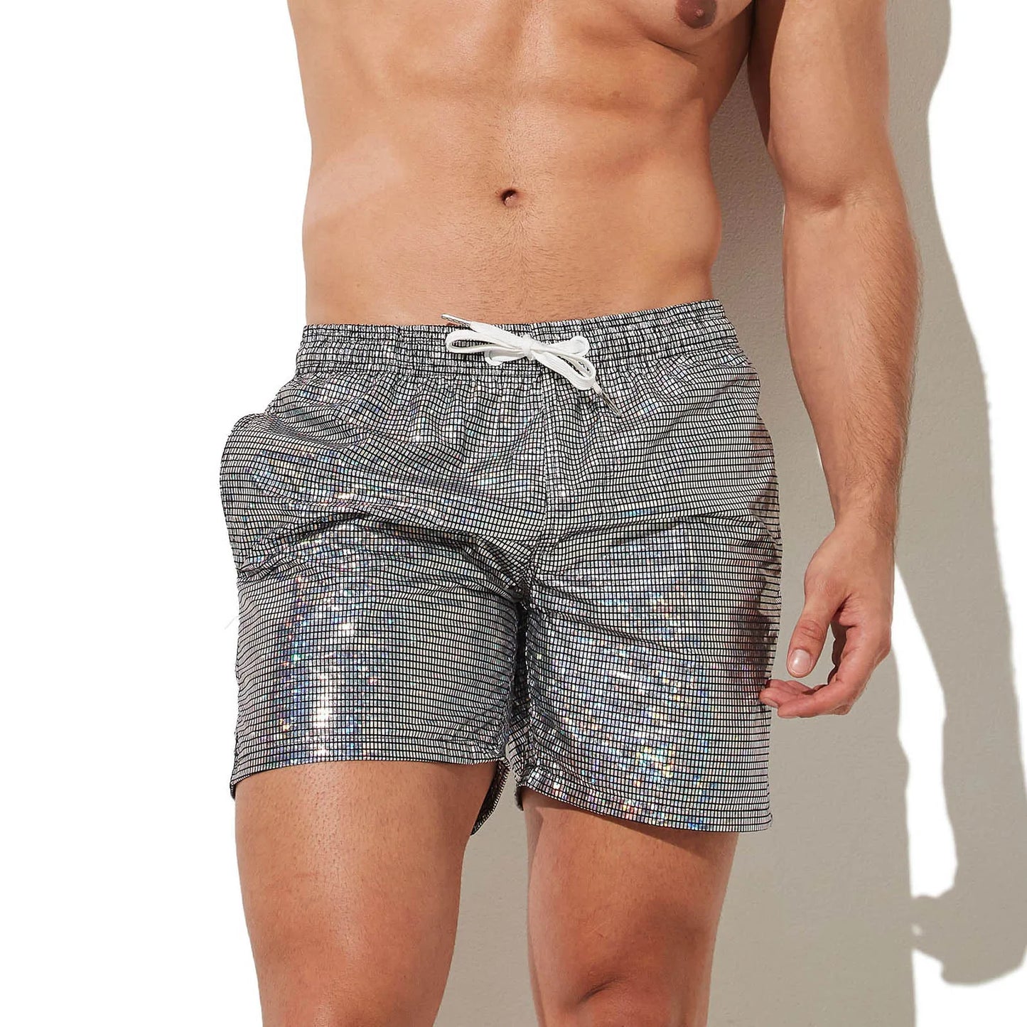 CLEVER-MENMODE Beach Board Swim Shorts Mens Silvery Shine Surfing Swimming Trunks Boxers Faux Leather Beachwear Gymwear