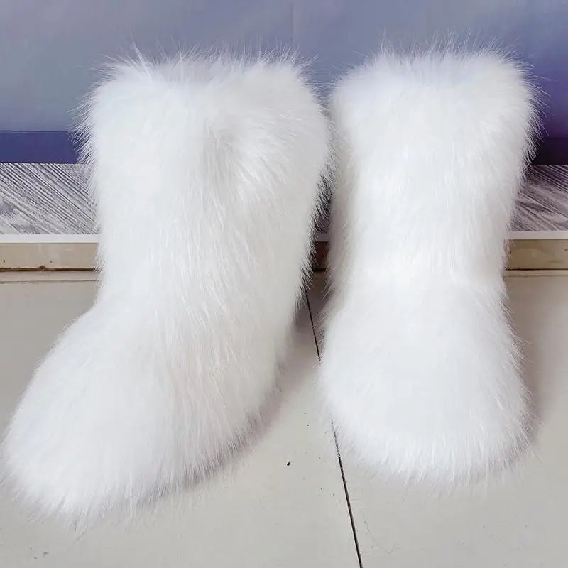 y2k Women's Winter Snow Boots Outdoor Luxury Furry Faux Fox Fur New Fashion Boots WomanPlush Warm Platform Shoes  Bottes