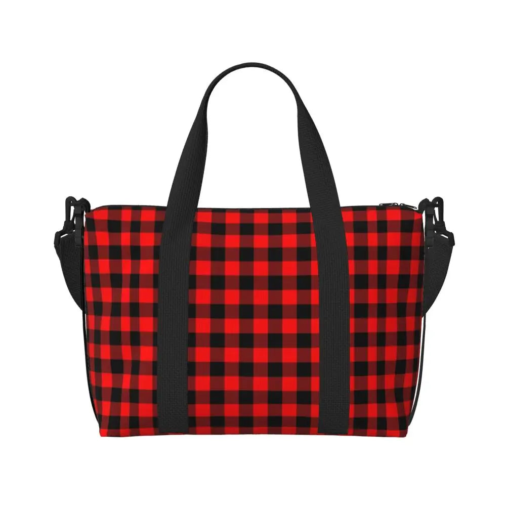 Custom Popular Tartan Plaid Beach Tote Bag for Women Extra Large Gym Carry On Geometric Gingham Check Texture Shopping Bags