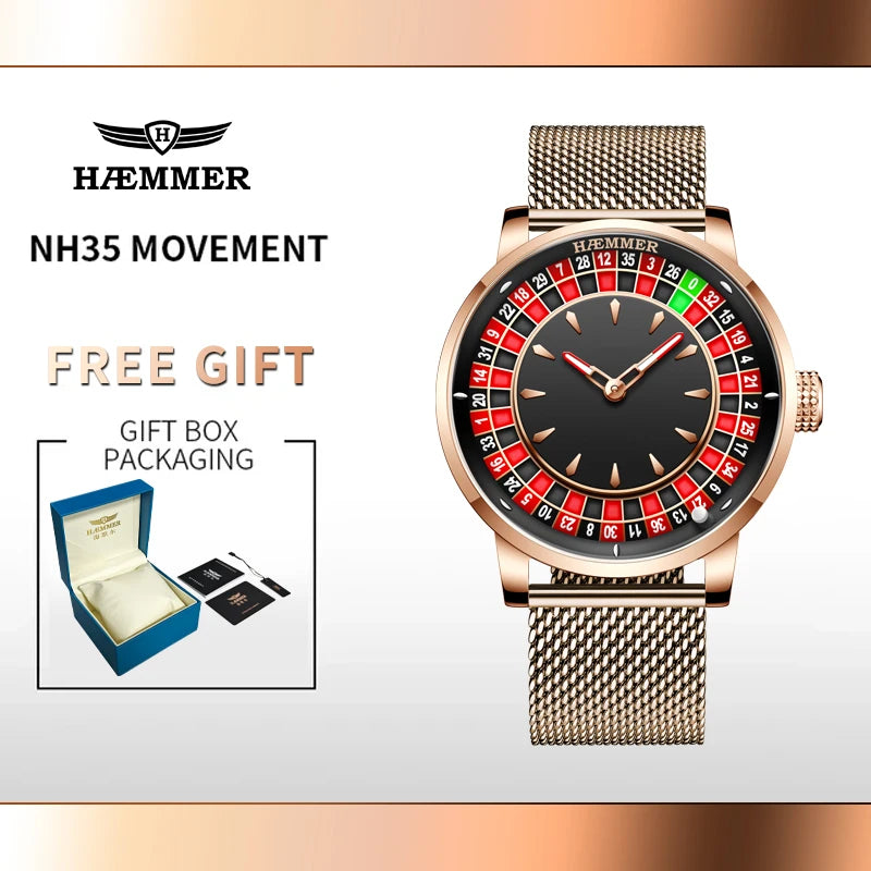 HAEMMER high-end design new mechanical watch NH35 rotating dial Las Vegas roulette desktop theme men's luminous waterproof watch